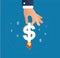 Hand holding dollar icon rising as a rocket increase value on international financial markets symbol, business concept