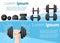 Hand holding a dumbbell and set of collapsible dumbbells and disks lie illustration on white and blue background with place