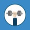 Hand holding dumbell. Round Icon. Sport Fitness Healthy lifestyle concept. Flat design. Blue background. Islated
