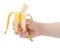 Hand holding eaten banana.