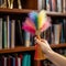 a hand holding a feather duster as it glides over a bookshelf filled with colorful books