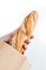 Hand holding a French baquette bread
