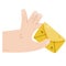 Hand holding and giving letter. Yellow postal envelope. Messaging and correspondence. Mail concept.