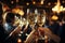 A Hand Holding a Glass of Champagne, Elegant Champagne Scene, Nightclub Party with Friends