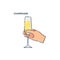 Hand holding a glass of champagne. Line art design element on white background. Fingers human with a tumbler foamy beverage.