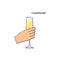Hand holding a glass of champagne. Line art design element on white background. Fingers human with a tumbler foamy beverage.