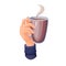 Hand holding glass mug with brown hot drink and steam, person drinking coffee, tea