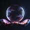 Hand holding a globe. Crystal sphere with hands.