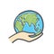 Hand holding the globe hand drawn doodle icon. Ecology care and eco friendly concept.