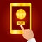 Hand holding gold tablet device isolated on red background. Tablet on human hands with bitcoin icon and index finger