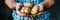 Hand holding golden potato among selection, blurred background for text placement