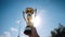 Hand holding golden trophy under the sunlight with blue sky background