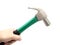 Hand holding a green iron hammer with rubberized handle