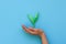 Hand holding green sprout made from plastic disposable packages on blue background. Save the world, creative, environment