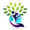 Hand holding human tree health water drop care wellness medical logo icon on white background