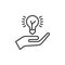 Hand holding idea bulb line icon, outline vector sign, linear style pictogram isolated on white. Idea sharing symbol, logo illustr