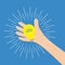 Hand holding idea light bulb lamp. Shining line round effect. Yellow color switch on. Flat design. Business concept. Blue