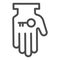 Hand holding key line icon. Business solution, lock access item in palm symbol, outline style pictogram on white