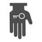 Hand holding key solid icon. Business solution, lock access item in palm symbol, glyph style pictogram on white