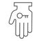 Hand holding key thin line icon. Business solution, lock access item in palm symbol, outline style pictogram on white