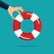 Hand holding a lifebuoy. A symbol of help or support for survival. vector illustration