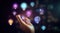 Hand holding light bulb and business digital marketing innovation technology icons on network