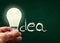 Hand Holding Lighted Bulb With Idea on Chalk Board and Copy Space