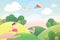 Hand holding little girl with flying kite in sky, cute kid running on countryside meadow