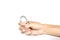 Hand holding lock on white background. Hand gesture.