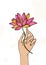 Hand holding lotus flower. Colorful hand drawn illustration. yoga, meditation, awakening symbol.