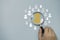 Hand holding magnifier glass with yellow person icon among white people icons for Customer focus group ,recruitment and human