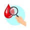 Hand holding magnifying glass analyzing blood drop in depth