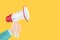Hand holding megaphone on yellow background, announcement , promotion, news, advertising, commercial concept,3d illustration