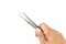 Hand holding metal tweezers isolate