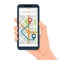 Hand holding mobile with navigation city map. Mobile app with map. Gps navigation in smartphone. Mobile navigator