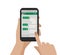 Hand holding mobile phone. Emoji. Green Chat speech bubbles. Vector