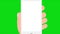 Hand holding mobile phone with hand press on screen motion video on green background.Flat hand with phone animation.