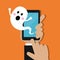 Hand holding mobile phone notification with Halloween ghost vector
