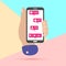 hand holding mobile phone withShare, like, comment, repost social media ui icons on screen with shadow on pastel colored blue and
