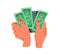 Hand holding money, finance bills. Counting dollar banknotes, financial paper bank notes. Wages, payoff, salary, income