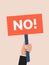 Hand holding NO sign. Protest vector banner. Flat error man and board say NO marketing