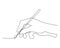 Hand holding painting brush, one line art, hand drawn continuous contour. Palm with fingers drawing art.Editable stroke. Isolated