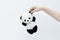 hand holding panda doll, black rim of eyes,panda toy on white