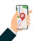 Hand holding phone with map and marker. Mobile gps navigation and tracking concept. Vector illustration