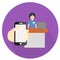 Hand holding a phone in the store shows the seller. Icon flat style, vector illustration