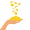 Hand holding a pile of coins falling from above, icon flat finance heap, fall dollar coin pile. Golden money lying on