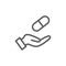 Hand holding pill line icon.