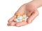 Hand holding pills  on white background. Pharmacy, pharmacology, medicine background