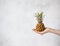 Hand holding pineapple. Creative mockup made of pineapple