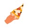 Hand holding pizza slice. Taking Italian fast food, cut triangle piece. Tasty eating, snack with melting cheese